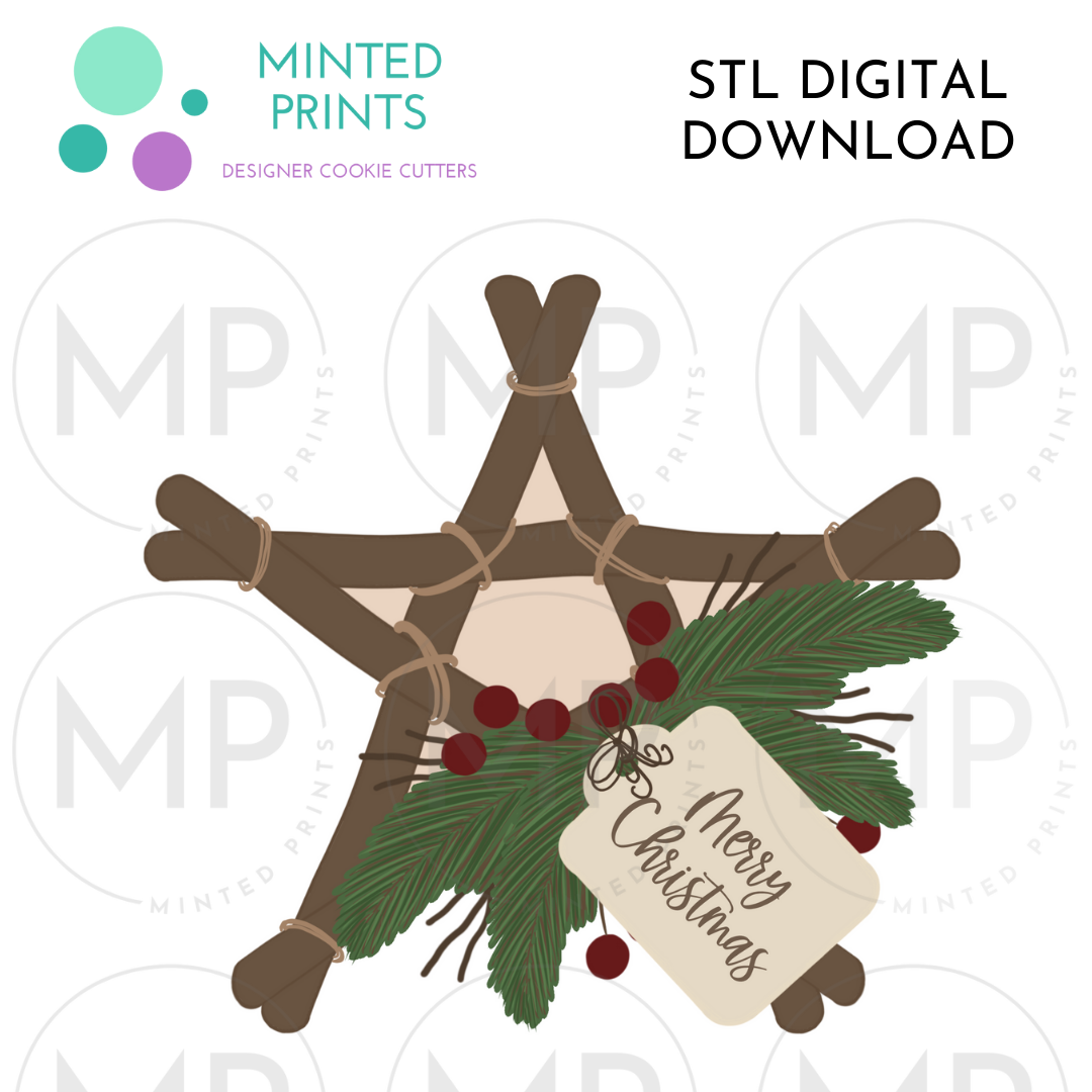 Floral Stick Star with Tag Cookie Cutter STL DIGITAL DOWNLOAD