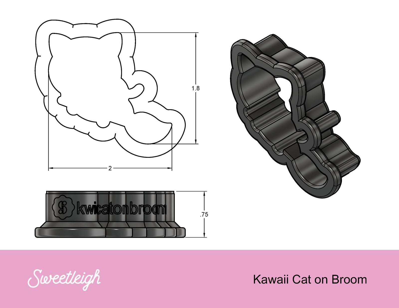 Kawaii Cat on Broom Cookie Cutter - Sweetleigh 