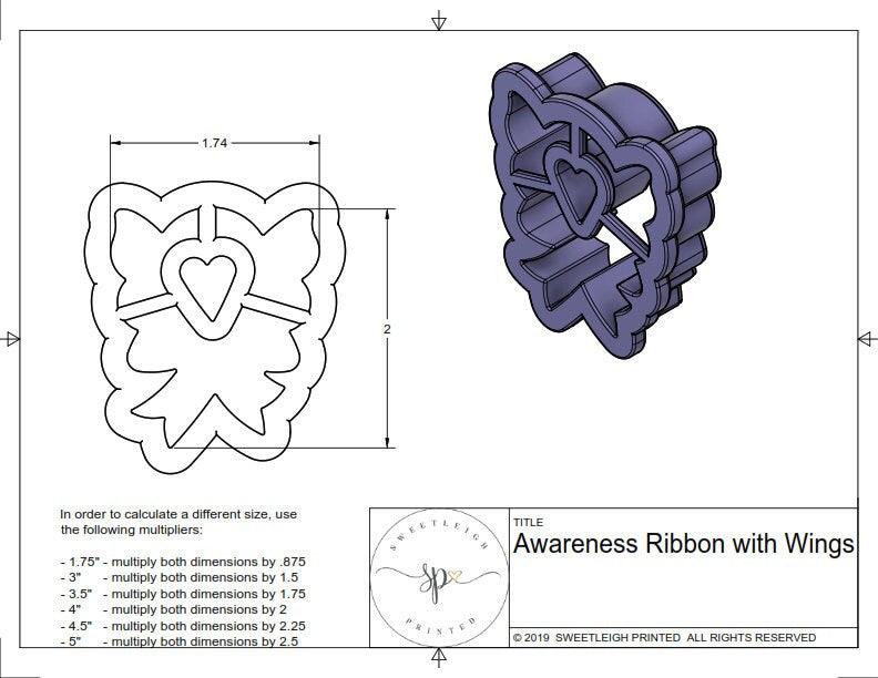 Awareness Ribbon with Angel Wings Cookie Cutter - Sweetleigh 