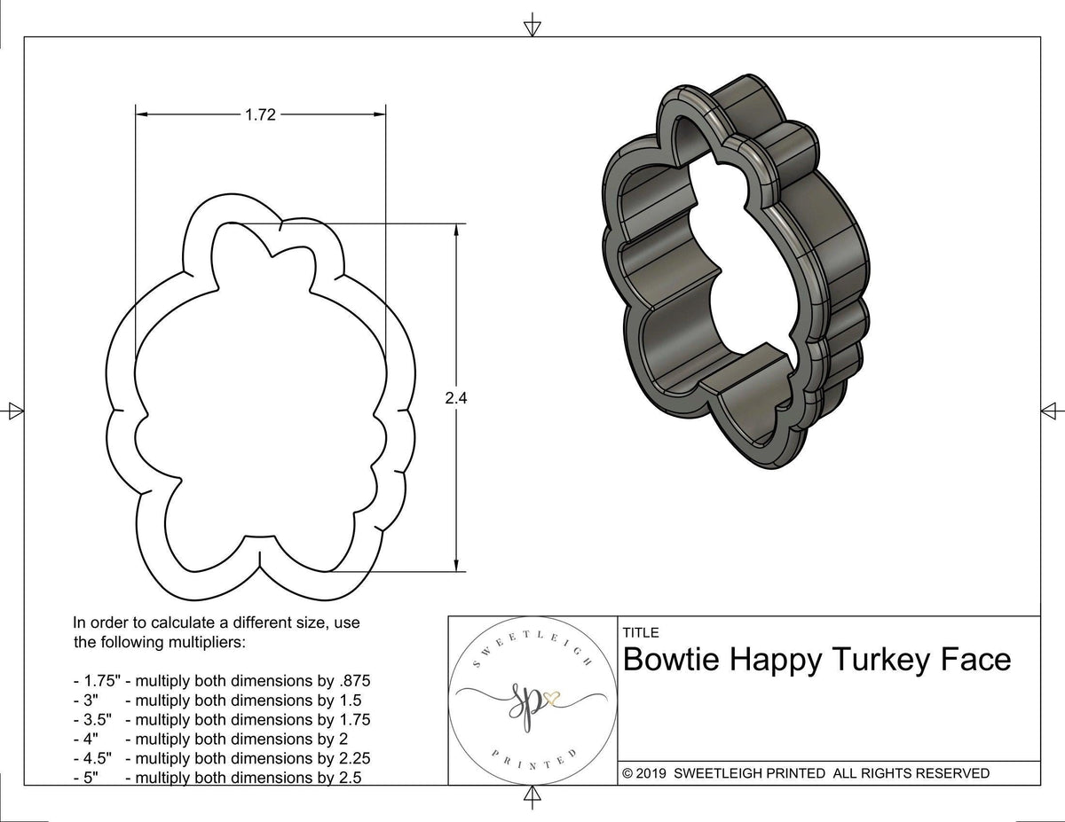 Bowtie Happy Turkey Face Cookie Cutter - Sweetleigh 