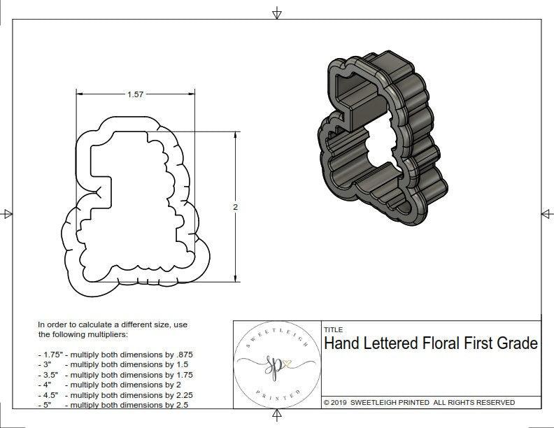 Floral First Grade Hand Lettered Cookie Cutter - Sweetleigh 