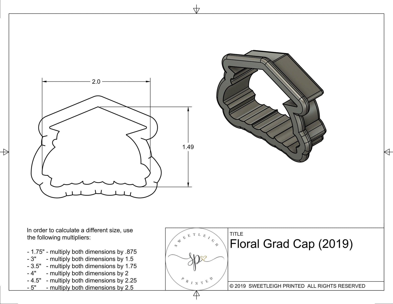Floral Grad Cap 2019 Cookie Cutter - Sweetleigh 