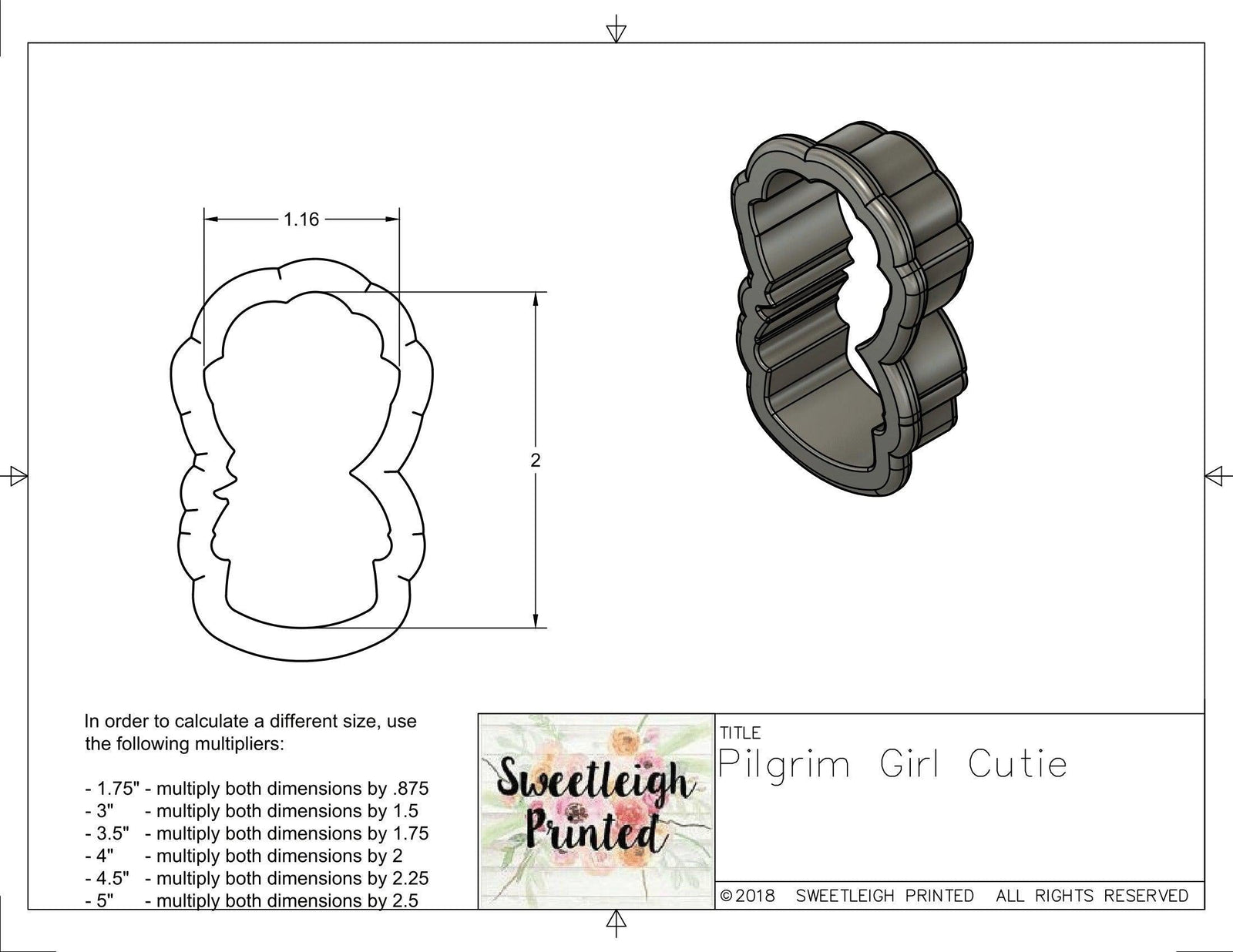 Girl Pilgrim 2018 Cookie Cutter - Sweetleigh 