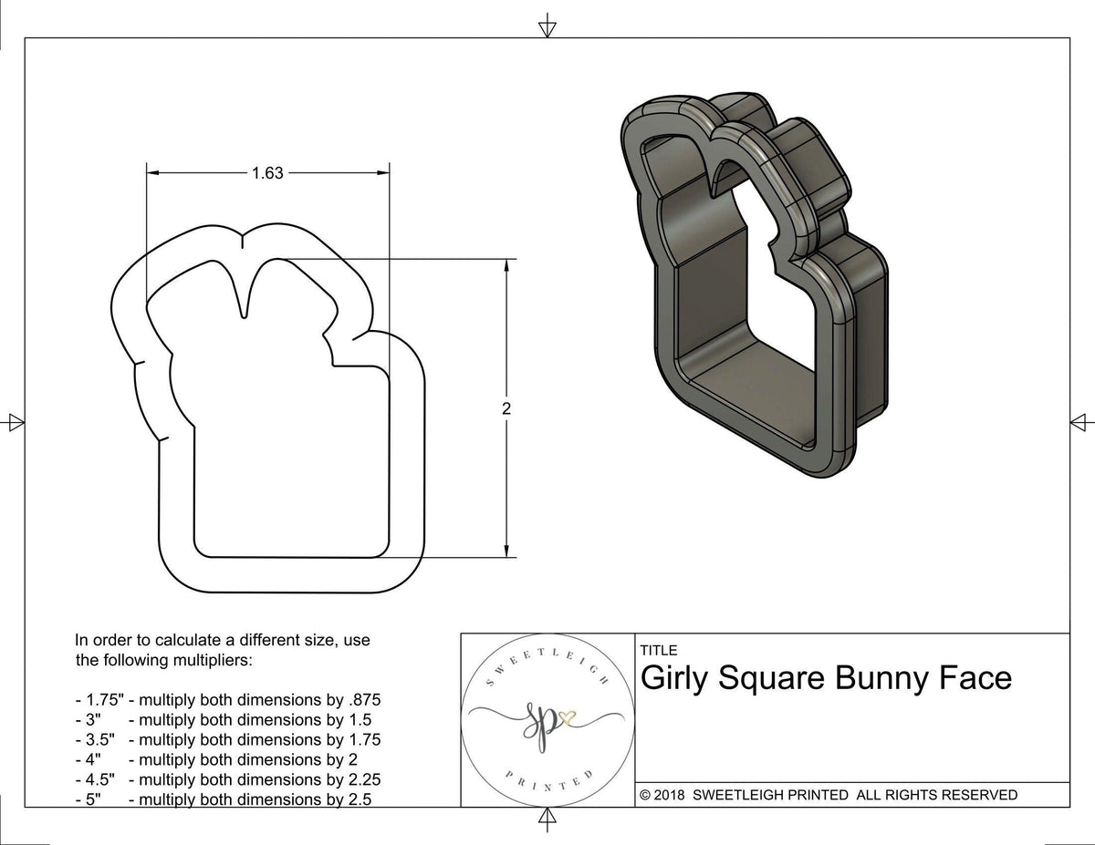 Girly Square Bunny Face Cookie Cutter - Sweetleigh 