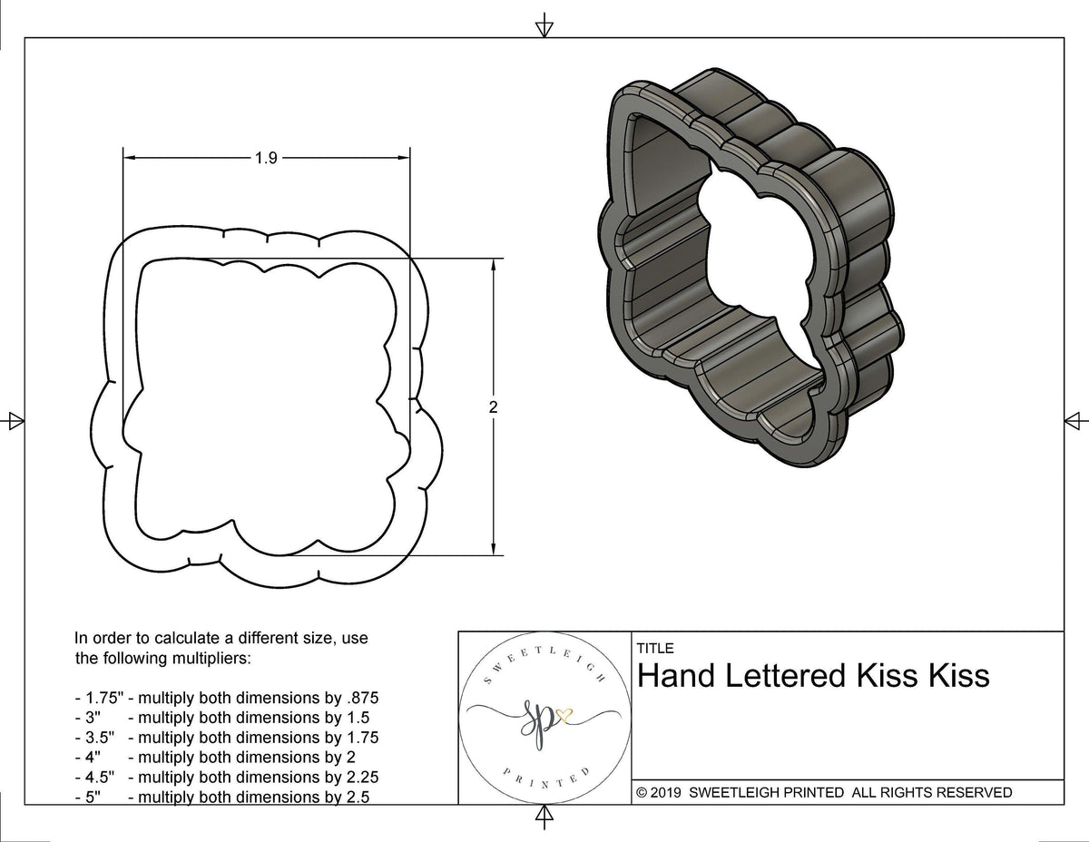 Kiss Kiss Hand Lettered Cookie Cutter - Sweetleigh 