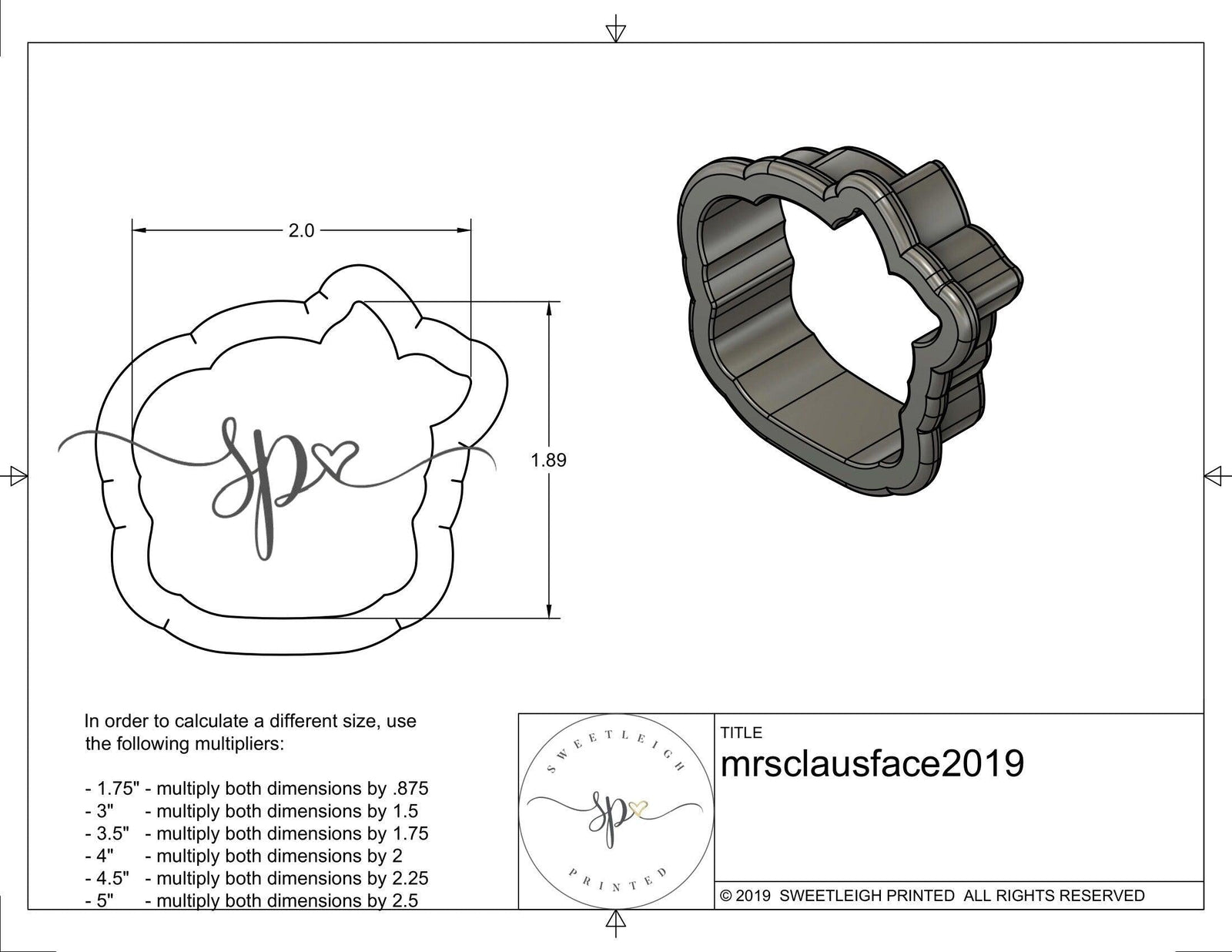 Mrs. Claus Face 2019 Cookie Cutter - Sweetleigh 