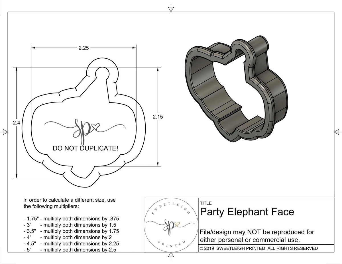 Party Elephant Face Cookie Cutter - Sweetleigh 