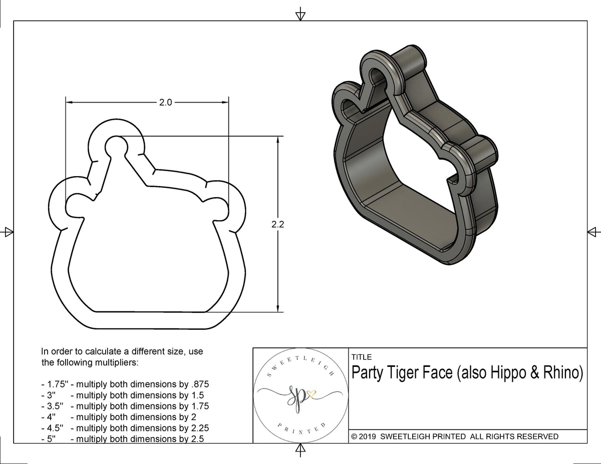 Party Tiger, Hippo, Rhino Face Cookie Cutter - Sweetleigh 