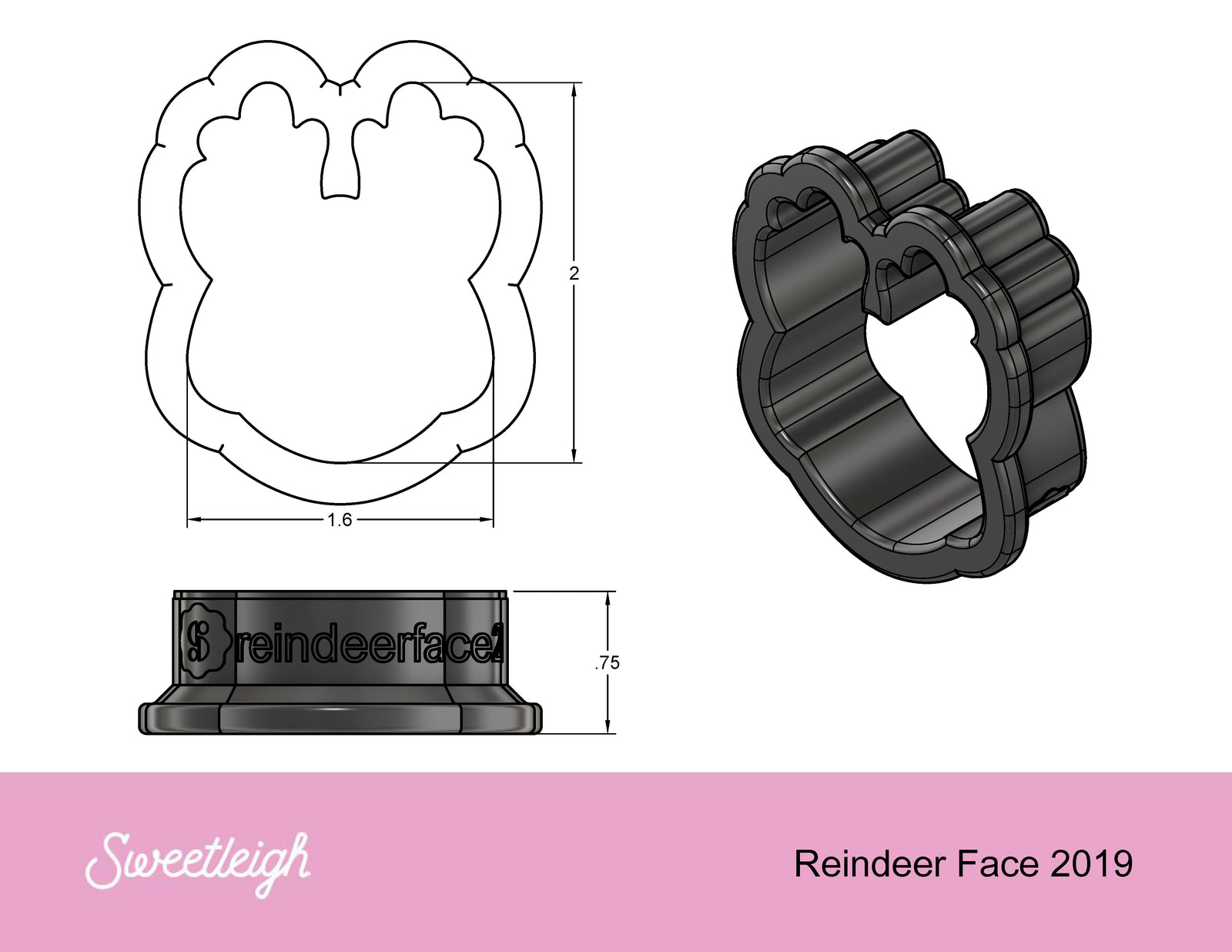 Reindeer Face 2019 Cookie Cutter - Sweetleigh 